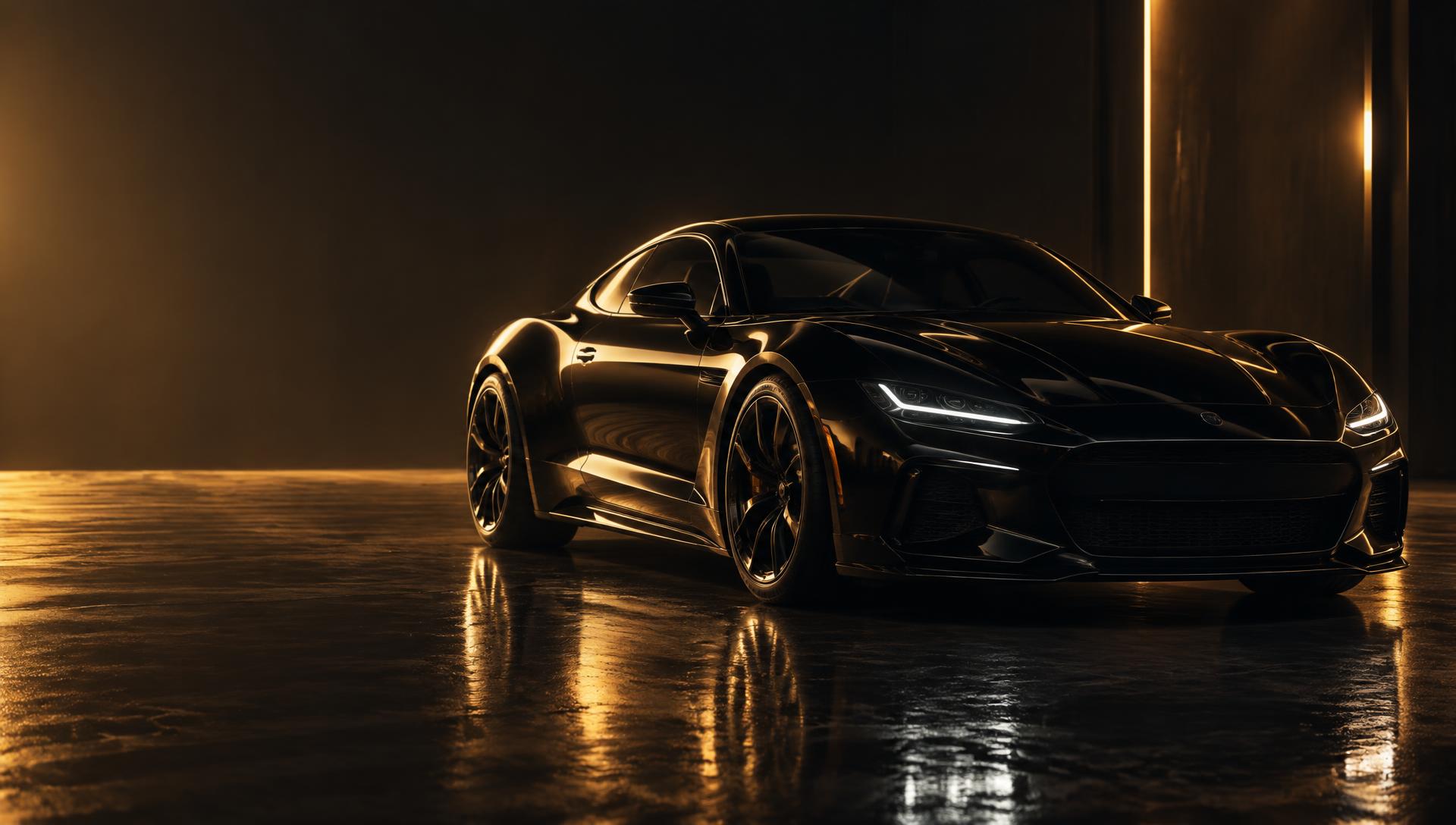 Freshly detailed black luxury car under warm golden studio lighting